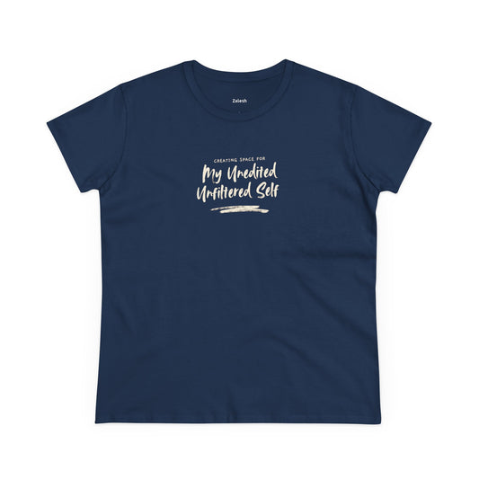 Navy blue t-shirt with white text on a white background
