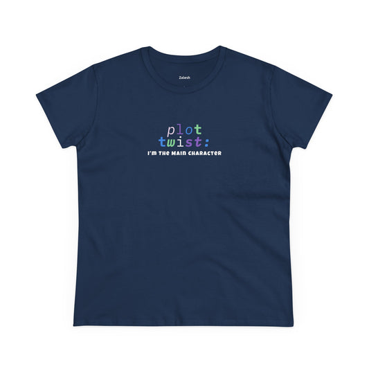 Navy blue t-shirt with colorful text on a white background