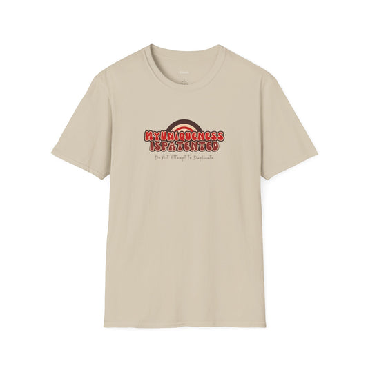 Women beige t-shirt with a red and black graphic design on a white background