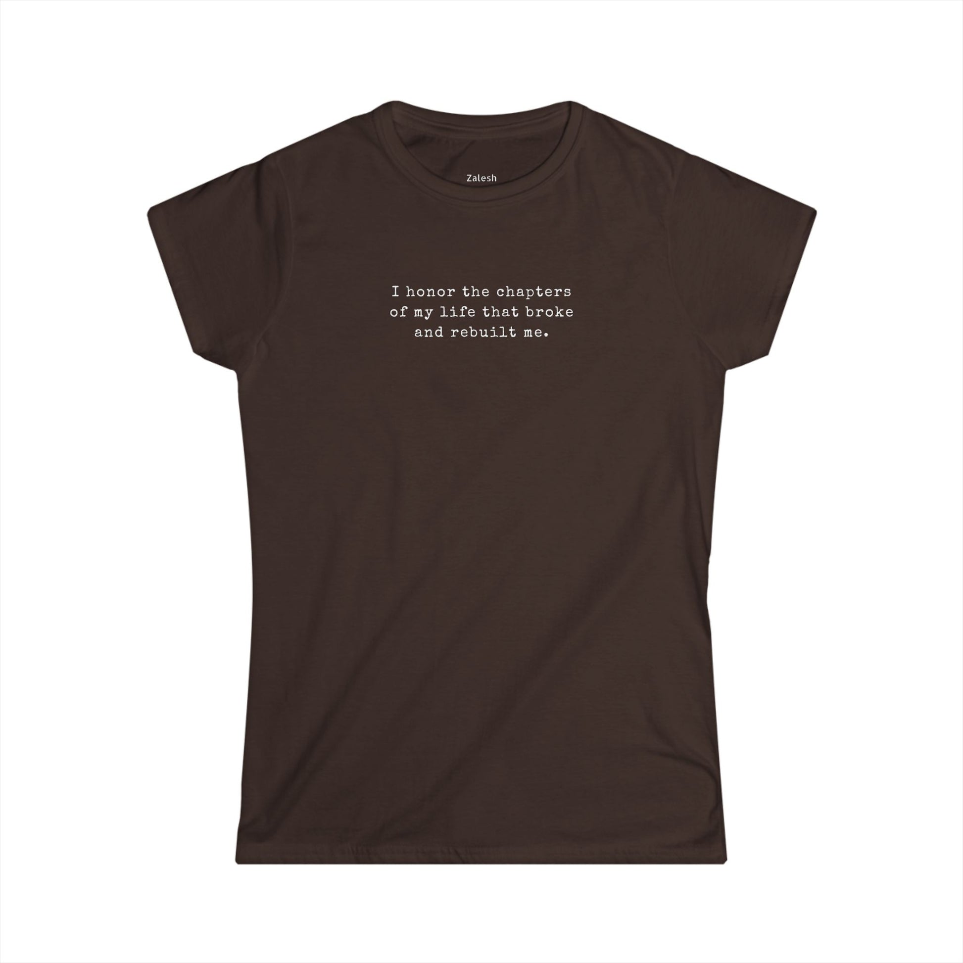 Brown t-shirt with a printed quote on a white background