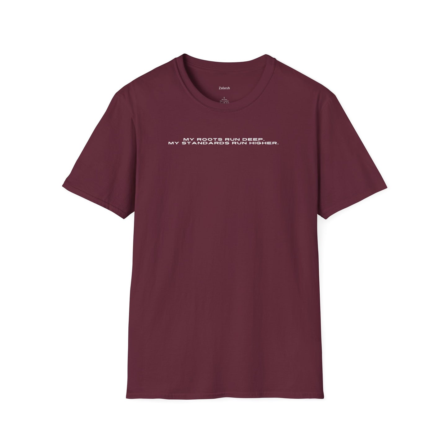Maroon t-shirt with white text on a white background