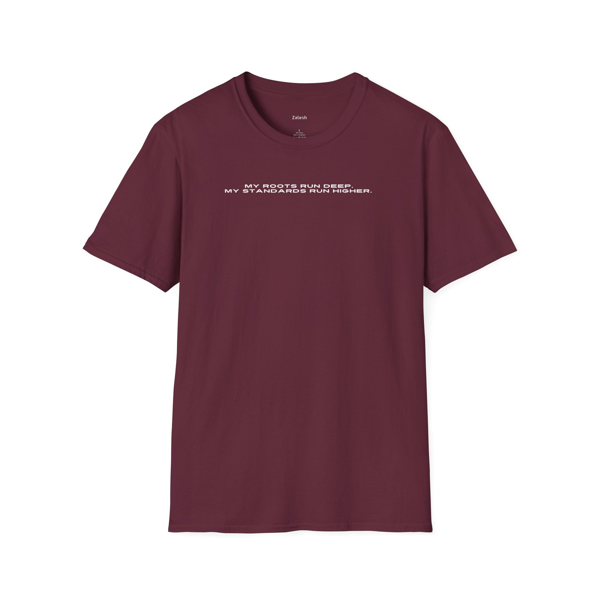 Maroon t-shirt with white text on a white background