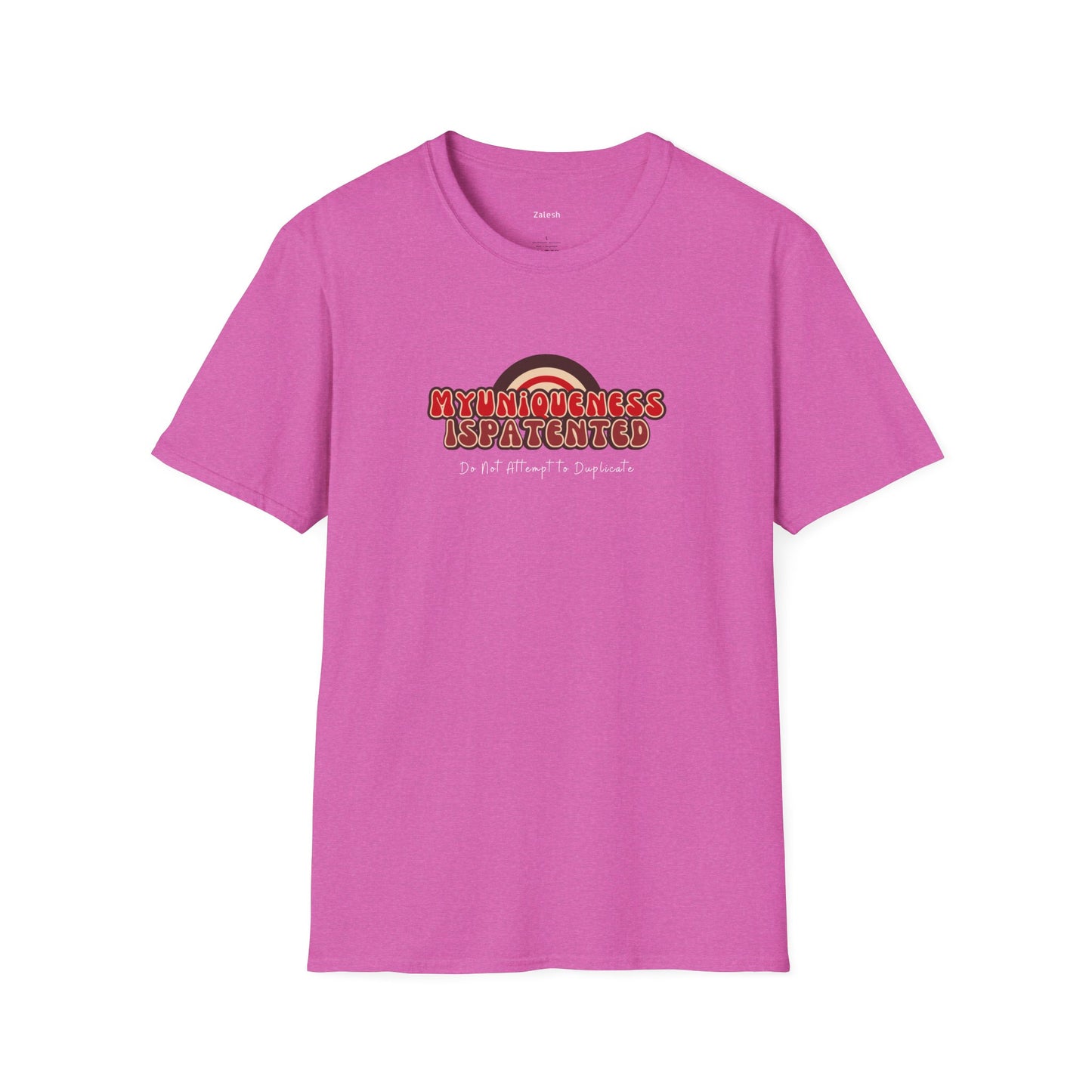 Pink t-shirt with a colorful graphic and text on a white background