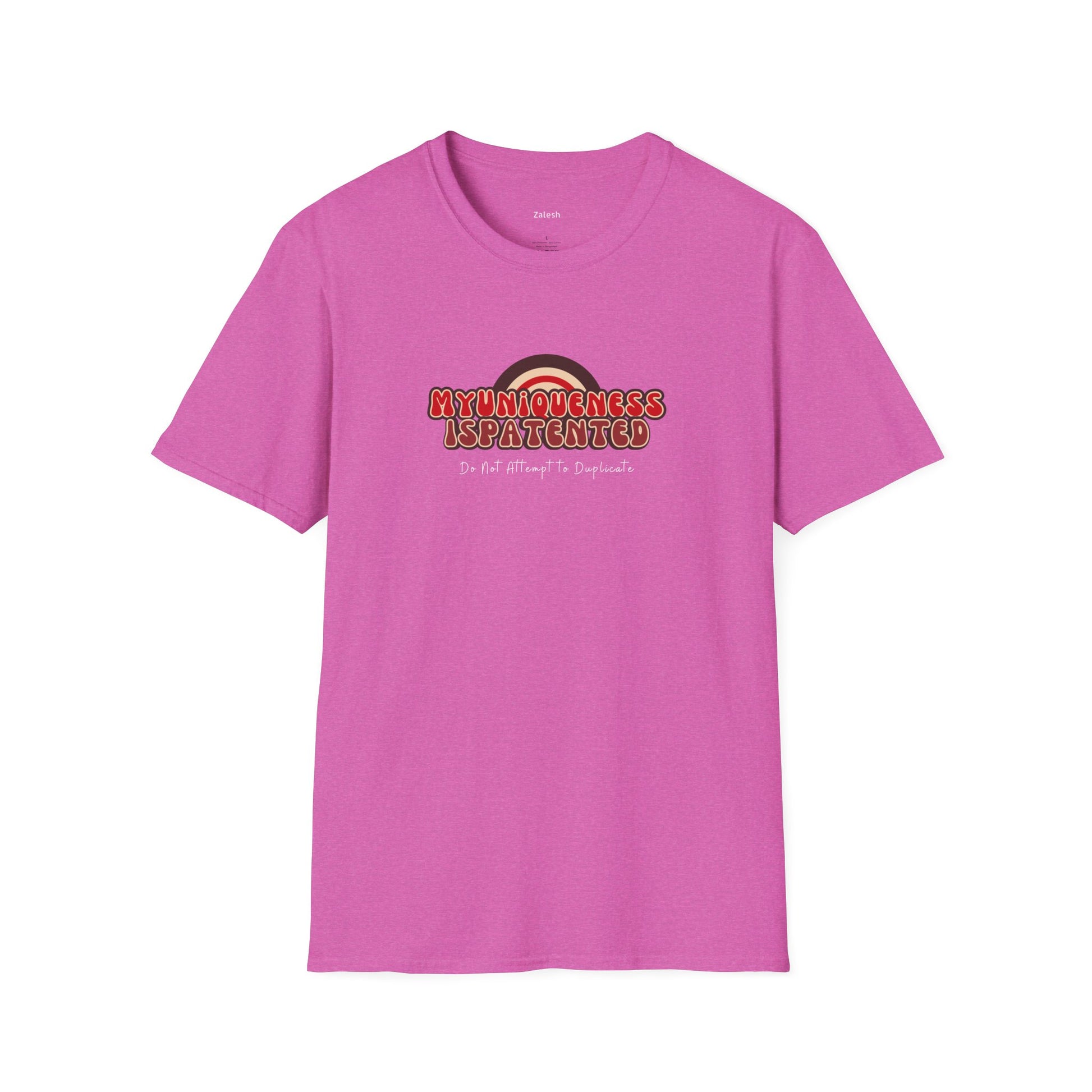 Pink t-shirt with a colorful graphic and text on a white background